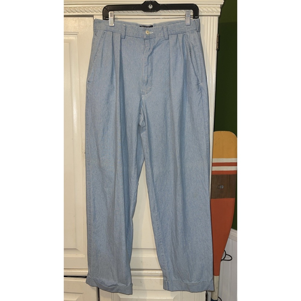 Vintage Polo Ralph Lauren Pants Men 33x36 Chambray USA Pleated Cuffed Preppy